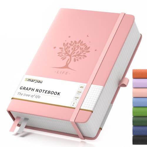 Smarpau Graph Paper Notebook, A5 Thick Squared Notebook 320 Pages, 100GSM Paper No Bleed, Hardback Leather Grid Journal for Office School Work Women, 14.5 x 21cm - Pink