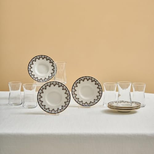 Karaca Florus - Set di bicchieri da tè turchi, 12 pezzi, set da tè per 6 persone (Cay Bardagi), bicchieri da tè con motivo floreale e bordo blu