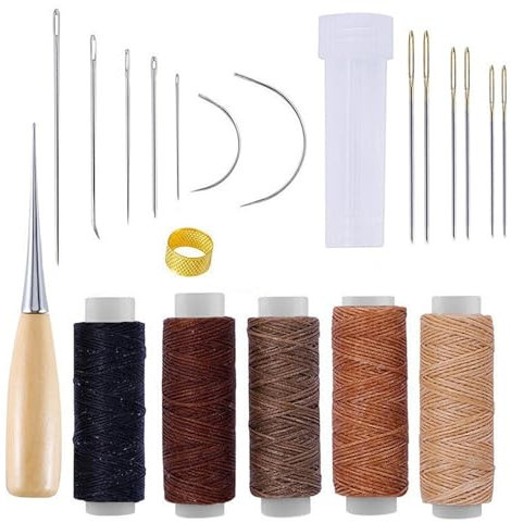 Kit de Costura para Cuero 21 Piezas, Hilo para Coser Cuero, Aguja Zapatero, Punzón, Dedal y Botella de Agujas, Ideal para Reparación de Cuero, Manualidades DIY, Reparar Zapatos Bolsos Cinturones