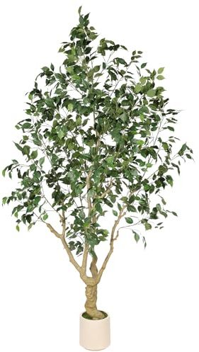 LYERSE Ficus Tree Artificial Indoor - 8ft Faux Ficus Tree with White Artisan Planter - Fake Tree with Realistic Leaves & Natural Trunk for Large Spaces Home House Decor