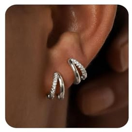 SIXDUTON Ohrringe Damen Doppel-Creolen 925 Silber, 18K Vergoldet Hypoallergen Goldene Creolen mit Zirkonia Leichte Kleine für Mädchen Mutter (Silber)