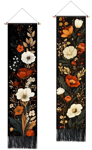 BVBOX 2 PCS Vertical Floral Tapestry 13x51, Vintage Flower Aesthetic Long Vertical Wall Hanging Black Tassel Tapestries Home Decor for Living Room, Bedroom
