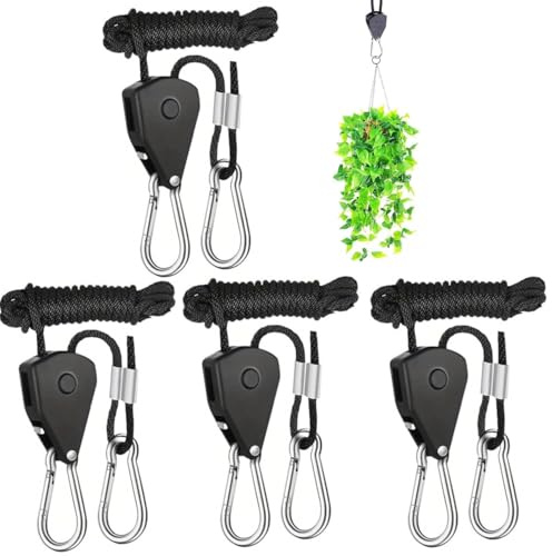 4 Pezzi Cricchetto TendiCorda Regolabile 1/8 con Ganci Rinforzati - Set per Fissaggio Lampade a Piante, Capacità di Carico 68kg/Paio, Sistema di Blocco Sicuro per Corda per Interni/Esterni (Nero)