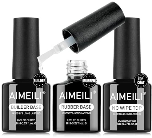 AIMEILI Builder Base Rubber Base Gel y Top Coat, Gel Uñas Constructor Nail Extensión Capa Superior No Wipe Top Coat Set Soak Off UV/LED Para Manicure Home Salon DIY, 3 x 8 ml