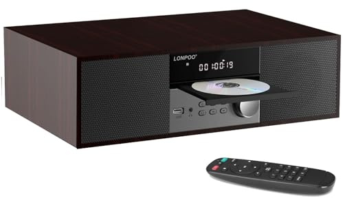 LONPOO Stereo Shelf System for Home, Vintage CD Player 40W RMS Micro Mini System with Remote Control, Bluetooth, FM Radio, USB MP3 Playback & Aux-in,Brown