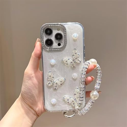 BEENTRYS Funda Brillante para Moto E20 / E30 / E40 Funda,Mariposas Perlas Diamantes Niñas Mujeres Elegante Regalo Suave TPU Delgado Antigolpes Carcasa con Pulsera-Blanco