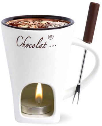 TETSMG Schokofondue Tasse Set, Schoko Fondue Tasse mit Gabel, Keramik Schokoladenfondue Becher zum Schmelzen von Schokolade Käse und Butter, Käse und Schokolade Fondue Schmelztopf (Weiß, A)