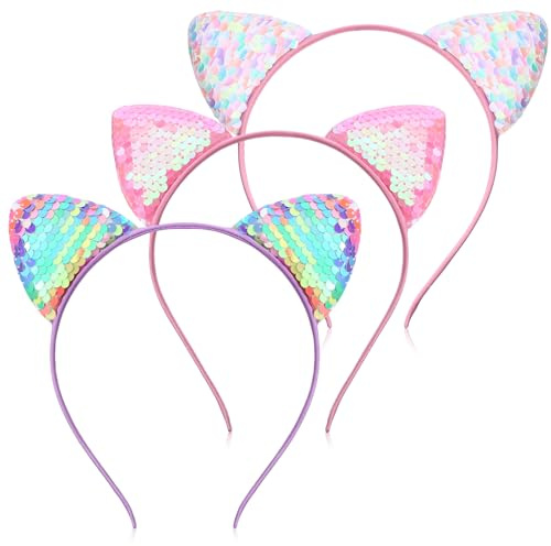 LXUEJIE 3 stycken kattöron hårband, paljetter katt pannband glitter katt hår hoops kattöron pannband bling hårsmycken för födelsedagsfest cosplay