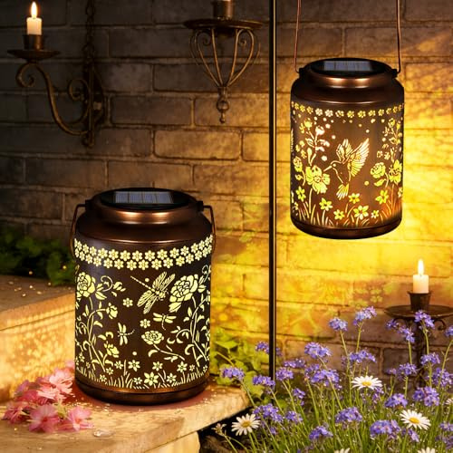 Hojalis 2Pcs Hummingbird & Dragonfly Solar Lanterns, Garden Ornaments Outdoor Gifts for Women Mum Grandma, Christmas Birthday Mothers Day Presents, Metal Waterproof Hanging Lights for Patio Yard Porch