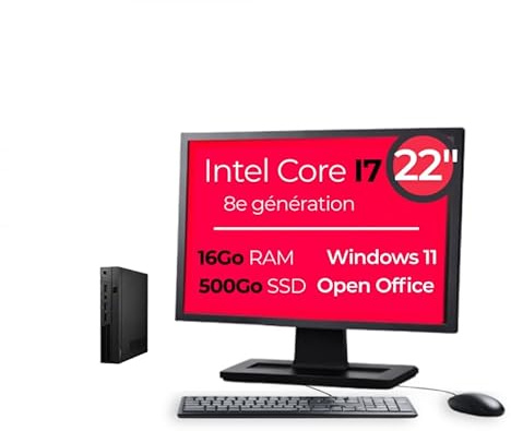 Mini PC Intel Core i7-8700T 16Go RAM 500Go SSD Windows 11 Pro WiFi avec Écran 22 Pouces OpenOffice (Reconditionné) (I7-8700T, 22)