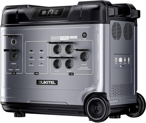 OUKITEL P5000 Pro 4000W Estacion de Energia Portatil, Acumulador de Energía de 5120 Wh con Batería LiFePO4, Generador Solar con Funda Protectora, Powerstation Autocaravanas y Cortes de Electricidad