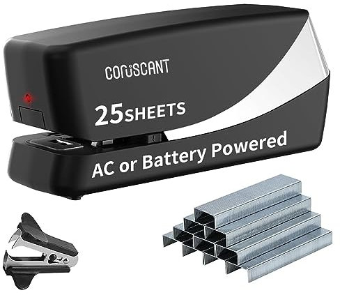 Coruscant Electric Stapler, Automatic Stapler,Electric Stapler Heavy Duty，25 Sheet Capacity, Can Store 210 Staples，Electric Stapler Desktop AC or Battery Powered for Home /Office Use(Silvery)