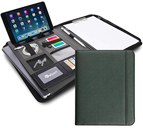 Vebon® Konferensmapp A4 London av veganskt läder med dragkedja I skrivmapp + laptopväska I 2-i-1 I smartphone-hållare + klämbräda, tallgrön, Medium, Professionell