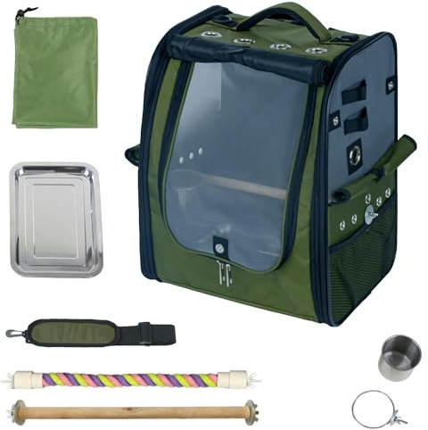 Birds Day Bird Carrier Backpack - Breathable Mesh Portable Parrot Travel Cage with 2PCS Perch, Food Bowl, and Stainless Steel Tray (Dark Olive Green)