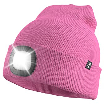 Idyllicomfort - Gorro con luz LED, recargable por USB, manos libres, unisex, gorro de punto con luz para senderismo, ciclismo, camping, correr, regalo para hombres, mujeres, adolescentes, rosa, M/L