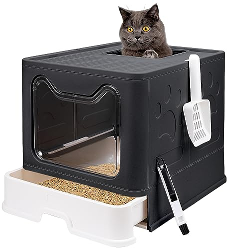Foldable Cat Litter Box with Lid, Enclosed Potty, Large Top Entry Anti-Splashing Toilet, Easy to Clean Including Litter Scoop and 2-in-1 Cleaning Brush (Black)