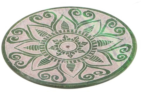 GURU SHOP Indischer Räucherstäbchenhalter Ø 10 cm aus Speckstein, Kerzenteller - Mandala Grün