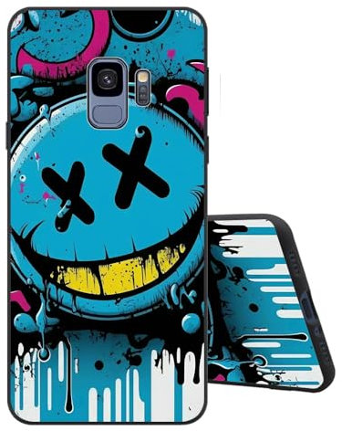 Sinyunron Handyhülle Kompatibel mit Samsung Galaxy S9 Hülle Silikon Matte Schwarz Rückseite mit Muster,Weiche Stoßfest Kratzfest Schlanke TPU Softschale Schutzhülle,Blaues Emoji