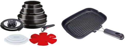 Lagostina Ingenio Essential Plus Batteria di Pentole, Alluminio per Gas e Forno, 17 Pezzi & Bistecchiera Antiaderente Rettangolare in Alluminio Pressofuso, 24 x 32 cm