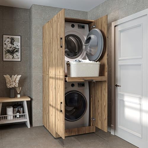 ROOMART Dora - Meuble pour machine à laver et sèche-linge en 4 couleurs, avec portes et planche amovible en bois de chêne