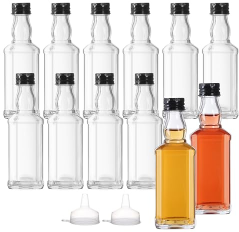 YBCPACK 100ml 12 Pack Mini Glass Alcohol Bottles With Screw Cap for Spirit | Reusable Small Glass Shot Bottles With 4 Funnels for Wine, Empty Miniature Liquor Bottle for Wedding Favours, Party Favors