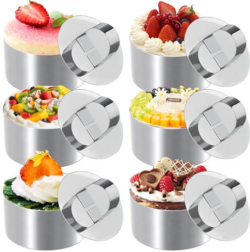 6Pcs Round Food Rings with Pusher 8cm, Cooking Cake Circle Mould Set, Stainless Steel Ring Moulds with Press, Non-Stick Baking Tools Mold for Family Eggs Pastry Mousse Desserts, Crumpets, Cheesecake