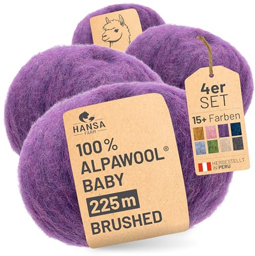 HANSA-FARM |Alpawool 100% Baby Alpaka Brushed 200g Set (4 x 50g) leichte und kratzfreie Wolle zum Stricken & Häkeln - HF204 Lila Melange