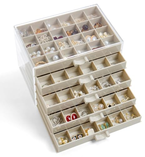 YUFONG Earring Storage Box Organizer, Acrylic Jewelry Storage Box Holder 5 Drawers Transparent Jewelry Display Stand with 120 Small Compartments Gift Boxes for Women Girls (Beige)