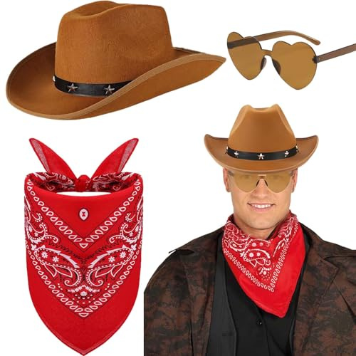 3 Pièces Accessoires pour Chapeau de Cowboy, Western Cowboy Déguisement Set avec Chapeau Lunettes de Soleil en Forme de Cœur Bandanas à Motif Cachemire pour Adultes Mascarades Halloween Fête
