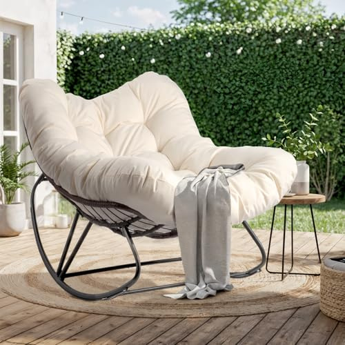 VINGLI Papason Rocking Chair, Iron Frame Wicker Patio Chair with Thick Cushion, Indoor Outdoor Rocker for Bedroom, Porch, Garden, Beige