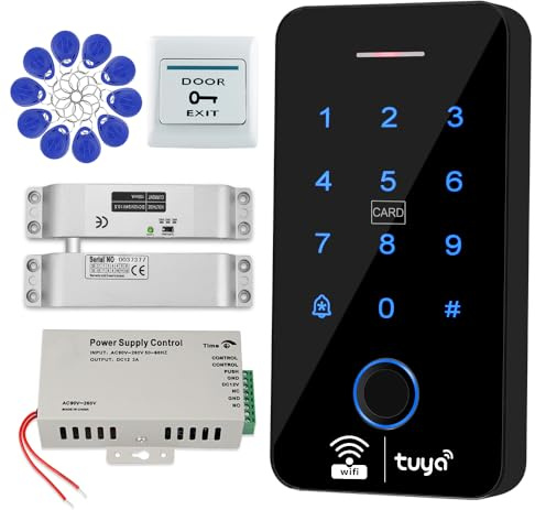 Uoonner WiFi Tuya système de contrôle d'accès comprend un clavier d'empreintes digitales étanche IP68, serrure de porte électrique en métal mode NC, 10 porte-clés RFID de 125 KHz, source de