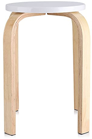 Natural Bent Wood Stool - White Round Stacking Chair with Anti-Slip Mat, 15.75 x 17.9 inch