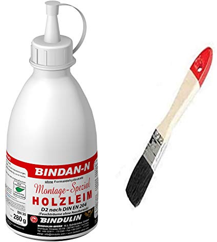 BINDAN-N Holzleim-D2 Montage-Spezial-Holzleim inklusive 1 Pinsel von E-Com24 zum Auftragen und Leimspachtel (280 g Flasche)