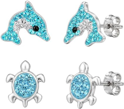 FIVE-D Kinder Ohrringe – Delfin Schildkröte 925 Silber - Hochwertige Mädchen Ohrstecker – Geschenk Set Kinderschmuck