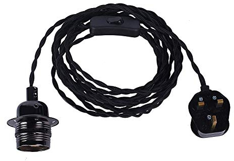 JING Vintage Pendant Light Fitting With Plug-In,4.5 Meters Braided Twisted Fabric Cable Plug With In-Line On/Off Switch,E27 Screw Lamp Holder, Industrial Style Hanging Light Fitting Kit-LAN05-BLK