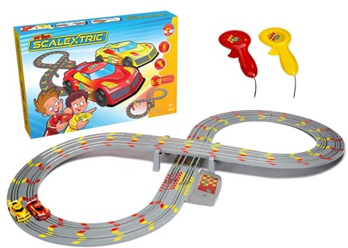 My First Scalextric racerbaneset för barn i åldrarna 3+ – batteridriven mikroracerbil set, leksaksbilar racerbanor för pojkar. inkl. 1 x hastighetsspår, 2 x racerbilar, 2 x kontroller – barnleksaker