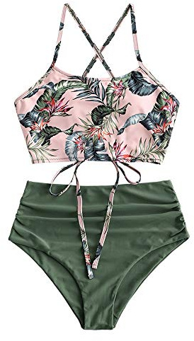 ZAFUL Damen Zweiteiliger Tankini, gepolsterter Bikini mit Blattdruck Schnür-Tankini Oberteil hochtaillierte Shorts Badeanzug (Grün-2, XL)