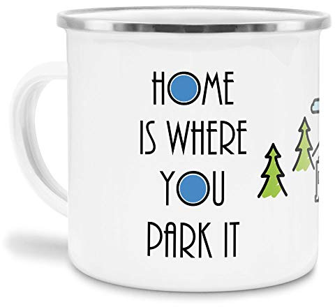 Tassendruck Emaille Tasse Camping mit Spruch - Home is where you park it - Campingtasse/Geschenk für Camper/Tasse für Camping - Emaille klein Rand silber