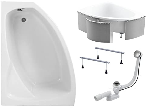 BADLAND Badewanne Original Weiß Acryl Wanne Eckbadewanne FRIDA 140x90 Links KOMPLETTSET SET mit Premium Styroporverkleidung + Füßen und Exklusive Chrom Automatik Ablaufgarnitur Made in EU 4in1