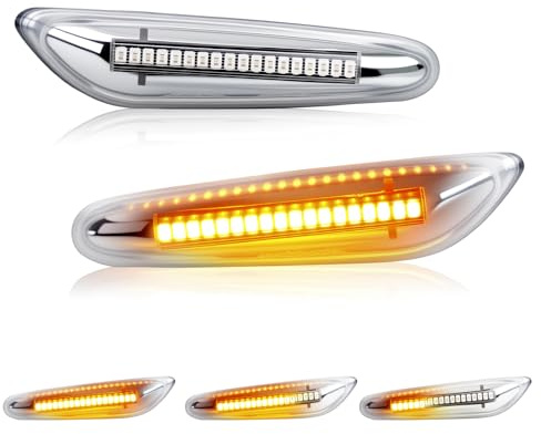 D-Lumina Chrome Sequential Amber LED Side Marker Lights Turn Signal Lamp for BMW E90 E91 E92 E93 E46 E53 E60 E61 X3 E83 X1 E84 E81 E82 E87 E88 Side Marker Light, Clear Lens Side marker, Pack of 2