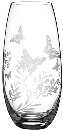 DIAMANTE 'Butterfly' Vase - Hand Etched Butterfly Wild Flowers Floral Pattern Barrel Vase - 25cm tall in gift box