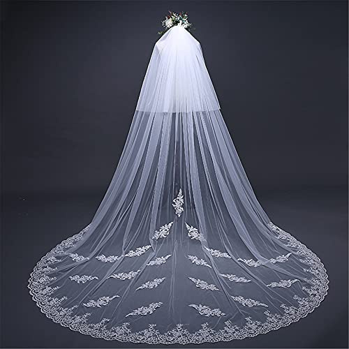 ABWYB 2-Stufel Tüll Frauen Hochzeit Zubehör Bridal Cathedral Schleier mit Spitze Applique Rand Weiche Brautkleid für Hochzeit und Party Foto Studio,Weiß,3 * 3.8 m