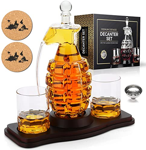Ensemble de carafe à whisky Carafe à whisky en forme bombe et 2 verres à whisky avec support bois Cadeau à boire de l'alcool bourbon écossais pour les hommes Papa Mari Copain Anniversaire