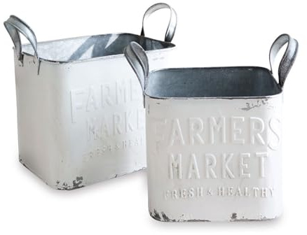 Loberon Korb 2er Set Market, antikweiß | wundervolles Vintage-Design, mit stilvoller Schriftprägung, auch als Pflanztopf geeignet, Aufbewahrung, Outdoor, Blech