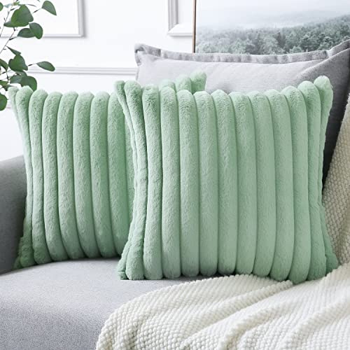 Soleebee 2er Set Plüsch Samt Kissenbezüge, Weiche Künstliche Pelz Dekorativ Kissenbezug Sofa Zierkissenbezüge Dekokissen Kissenhülle Set für Couch Schlafzimmer Zuhause Auto Dekor (40x40cm, Hellgrün)