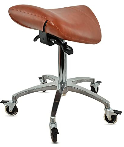 VAKON SALON - Sattelhocker mit Neigung Hellbraun, Sattelstuhl, Rollhocker höhenverstellbar von 55-75 cm, Drehhocker, Praxishocker, Bürohocker, Arbeitshocker