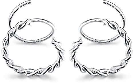 Kakonia Boucles d'oreilles créoles spirales en argent sterling 925 plaquées or 18 carats hypoallergéniques double haute polies boucles d'oreilles créoles piercing torsadées pour femme fille, argent-b