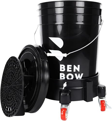 BenBow - Premium Set - Wascheimer 20 Liter Schwarz - passender Eimerdeckel Schmutzsieb und Eimerwagen - Langlebig und vielseitig - perfekt für die professionelle Autowäsche - Waschanlage - zur Hause