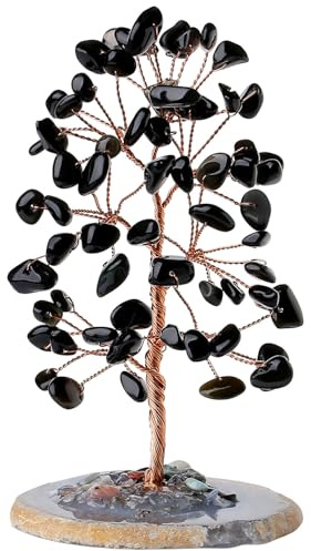 DUQGUHO Albero di cristallo di ossidiana nera, albero dei soldi, Feng Shui, decorazione per casa, ufficio, scrivania, base in agata naturale, pietra preziosa lucidata, regalo per donne, fortuna Reiki