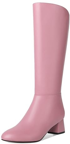 AMBELIGHT Women's Knee High Night Club Cold Weather Round Toe Matte 2 Inch Solid Low Heel Chunky Zip Boots Pink Size 12.5 - Tacones Bajos de Mujer